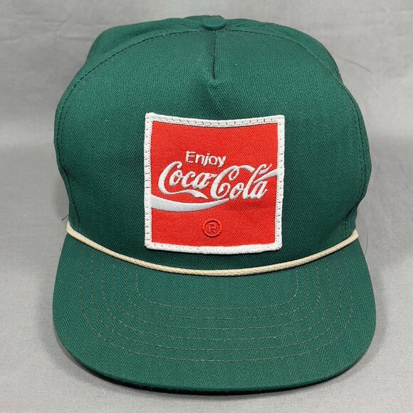 Vtg Coca Cola Snapback Hat Cap Rope Riverside Green 5 panel Large Patch USA Mens - Picture 1 of 13